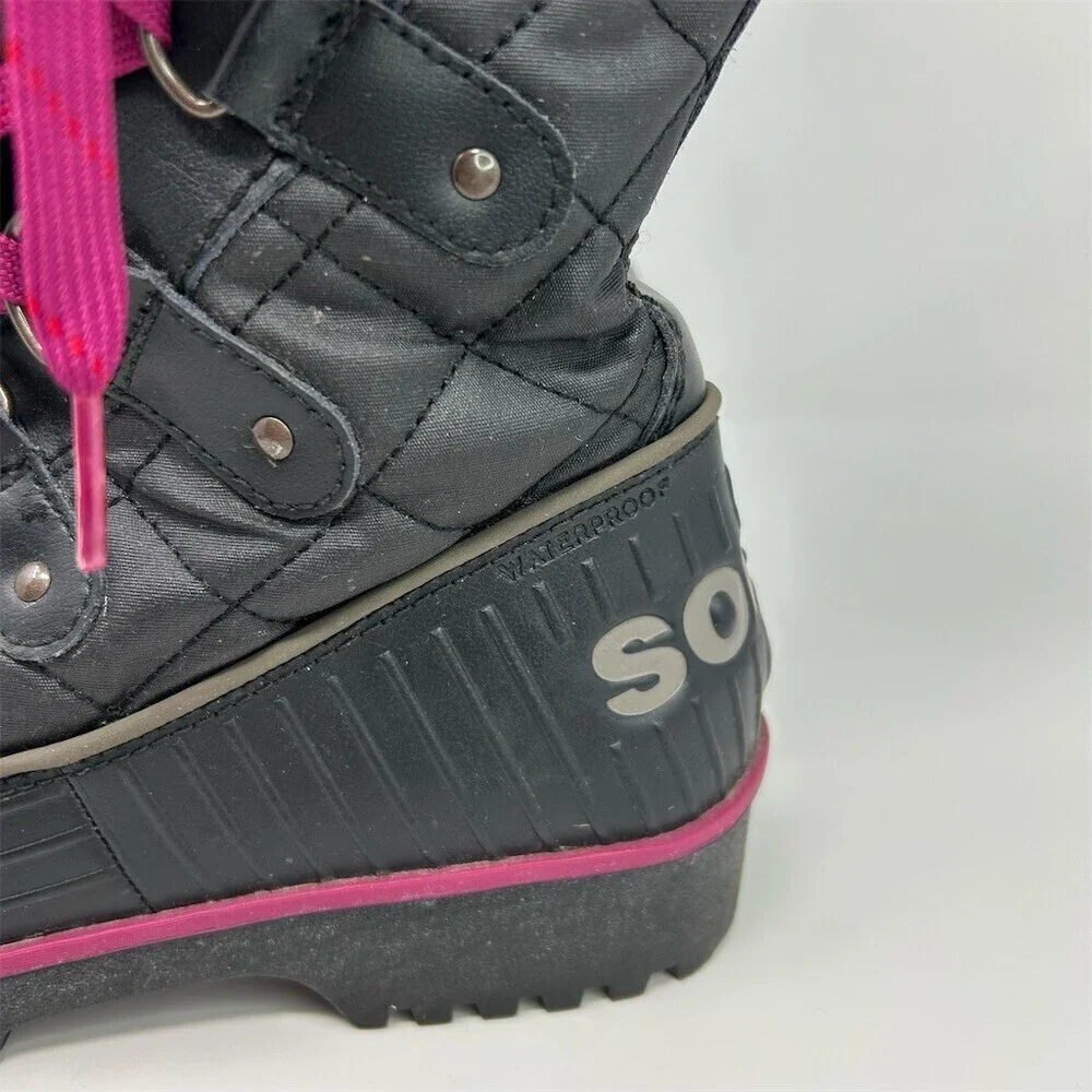 Sorel Tivoli Twist Snow Boots Womens Black Quilted Faux Fur Pink Laces Size 9